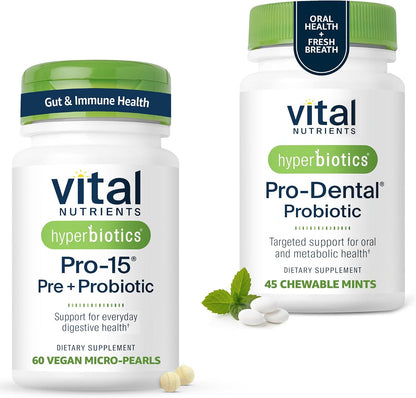 Hyperbiotics Vital Nutrients Gut & Oral Health Bundle – Pro-15 Digestive Prebiotics + Probiotics (60 Time Release Pearls) & Pro-Dental Oral Probiotics with BLIS K12 & M18 (45 Mint Tablets)
