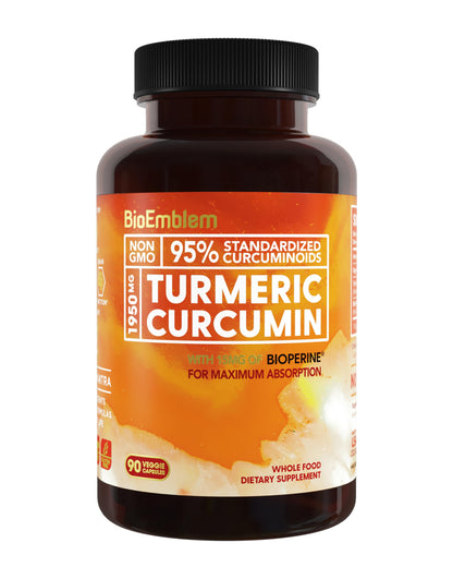 BioEmblem Turmeric Curcumin Supplement with BioPerine | Joint Support & Heart Health | with Organic Turmeric Powder & 95% Curcuminoids Extract | California Made, Non-GMO, 30-Day Supply