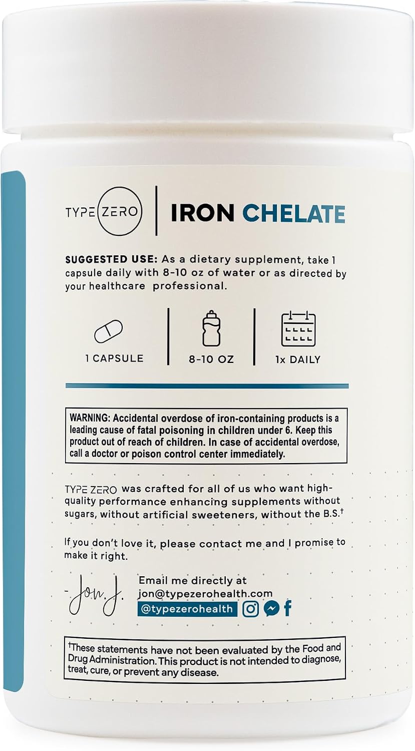 Type Zero Iron Chelate (18mg) 240 Capsules, Gluten-Free, GMO-Free | From Ferrochel Ferrous Bisglycinate Chelate