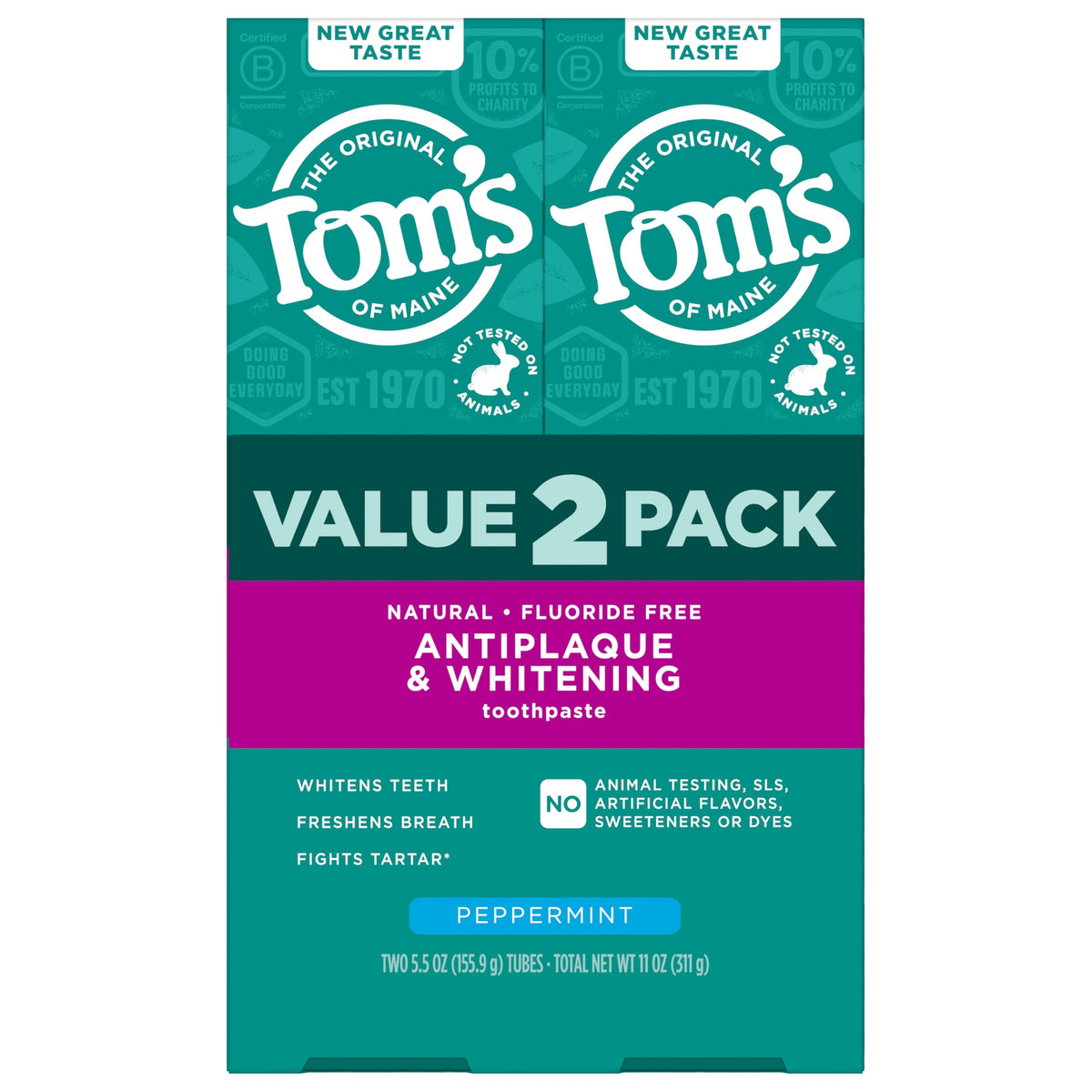 Suplement ​Tom's of Maine Fluoride-Free Antiplaque & Whitening Natural Toothpaste, Peppermint, 5.5 oz. (Pack of 2) - VelvetGlow USA