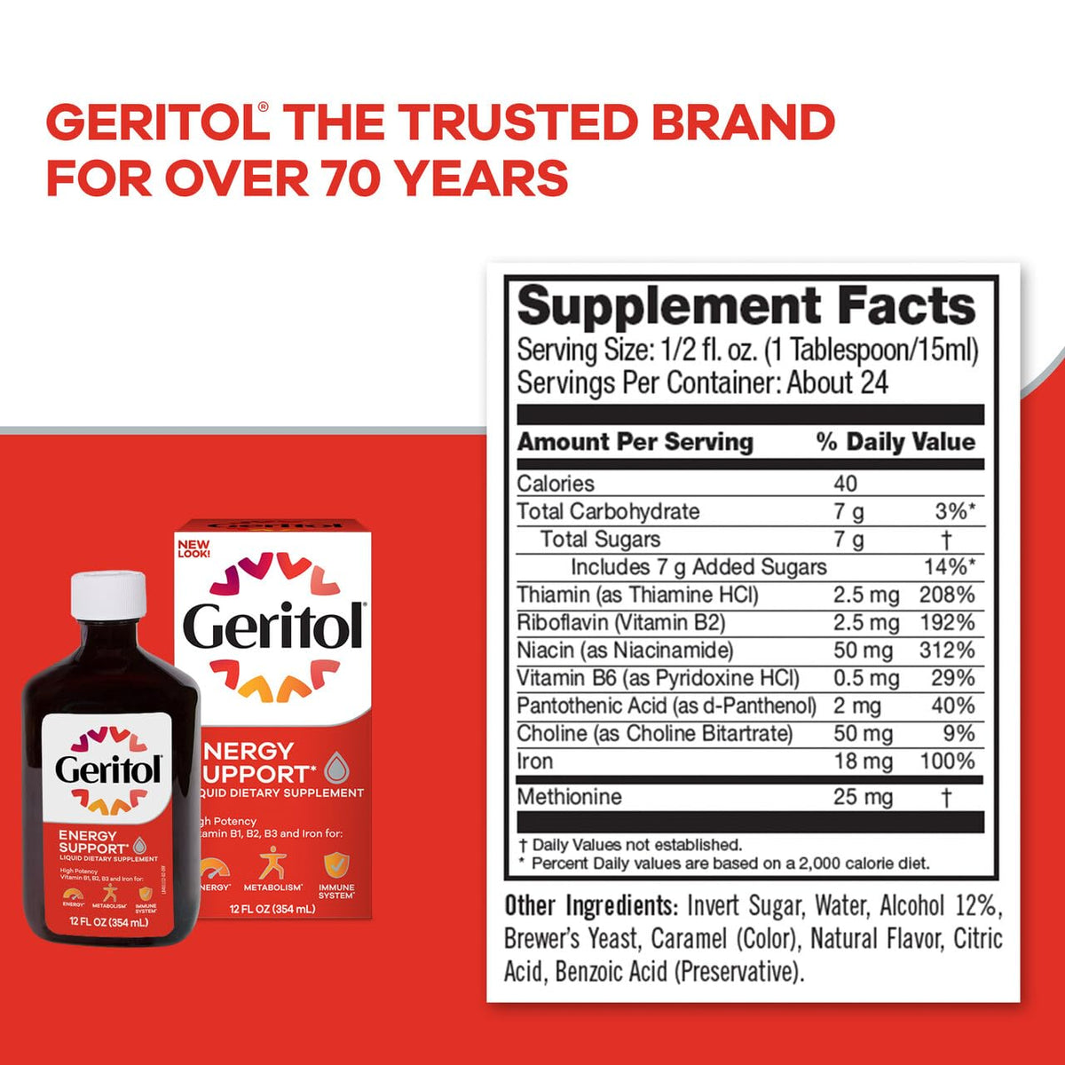 Suplement ​Geritol Liquid Vitamin and Iron Supplement, Energy Support Vitamins, Contains High Potency B-Vitamins and Iron, Easy to Swallow, VelvetGlow USA