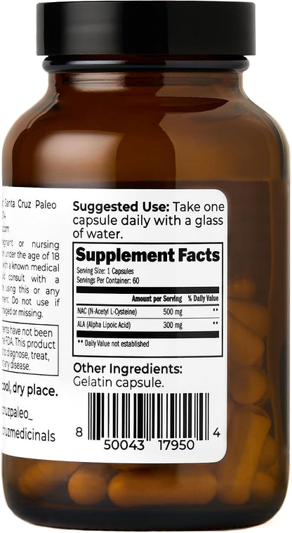 Santa Cruz Paleo, NAC + ALA Caps, NAC Supplement and Antioxidant Complex with Alpha Lipoic Acid and N-Acetyl Cysteine, Cellular Support and Nutrient Balance, Gluten Free, Keto, Paleo, 60 Capsules