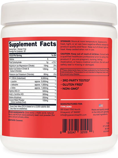 Type Zero Ultra Clean Vegan BCAA Powder + Electrolytes Tropical Fruit Punch | 6g Per Serving, 2:1:1 Sugar-Free, No Sucralose, BCAAs Amino Acids Supplement, After Workout Drink, 30 Servings
