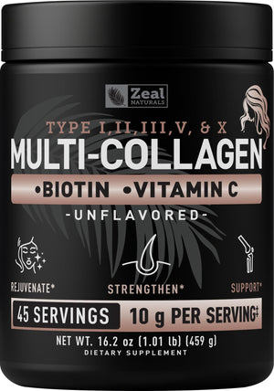 Suplement ​Zeal Naturals Multi Collagen Protein Peptides Powder Types I II III V X - Vitamin C, Biotin & Hyaluronic Acid - Hair, Skin & Nails - Marine, Bovine, VelvetGlow USA