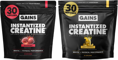Gains in Bulk Instantized Creatine Monohydrate for Women and Men, Soluble Pre Workout Powder, Supports Muscle Building, Strength and Performance, Sweet Lemonade and Sour Raspberry, 60 Servings