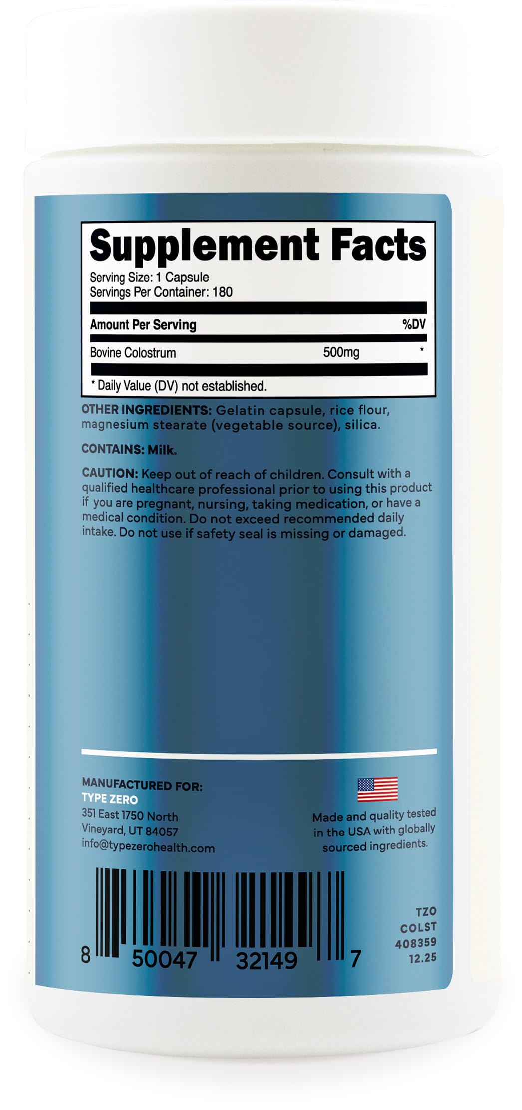 Type Zero Colostrum Supplement (500mg) 180 Capsules, Bovine Sourced | Gluten-Free, GMO-Free