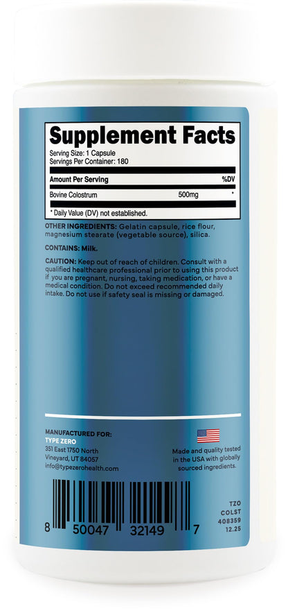 Type Zero Colostrum Supplement (500mg) 180 Capsules, Bovine Sourced | Gluten-Free, GMO-Free