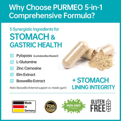 5-in-1 High Potency H. Pylori Probiotic, 1 Per Day - Supports Gastric Lining Integrity, Occasional Indigestion, Acid Comfort - Pylopass Lactobacillus Reuteri, Gluten Free, Vegan, 30ct, Made in Germany