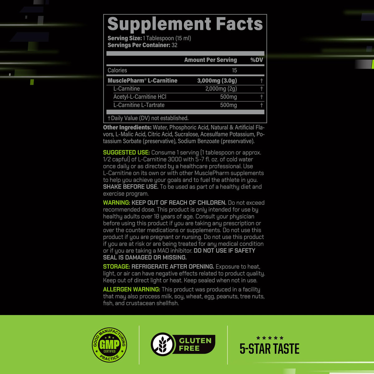 Muscle Pharm L-Carnitine 3000, The Ultimate Liquid L Carnitine Supplement for High-Performance, Supports Metabolism, Hydration & Energy, Zero Sugar, Low Calories, Sour Cherry Flavor, 32 Servings