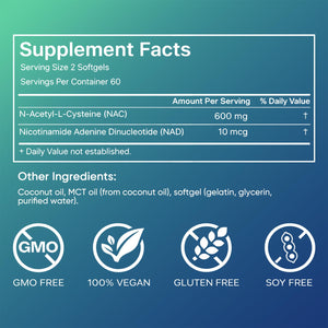 Suplement ​AMOQUCT Standard Lab NAC 600mg & NAD+ Daily Complex Capsules, NAC Supplement with NAD for Antioxidant, Cellular Energy and Immune Support, Daily Wellness Formula - VelvetGlow USA