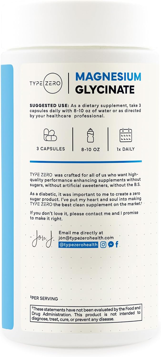 Type Zero Magnesium Glycinate (210mg) 180 Capsules, Gluten-Free, GMO-Free | Natural High Absorption Magnesium Supplement