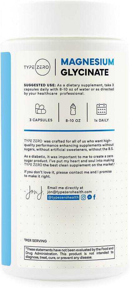 Type Zero Magnesium Glycinate (210mg) 180 Capsules, Gluten-Free, GMO-Free | Natural High Absorption Magnesium Supplement