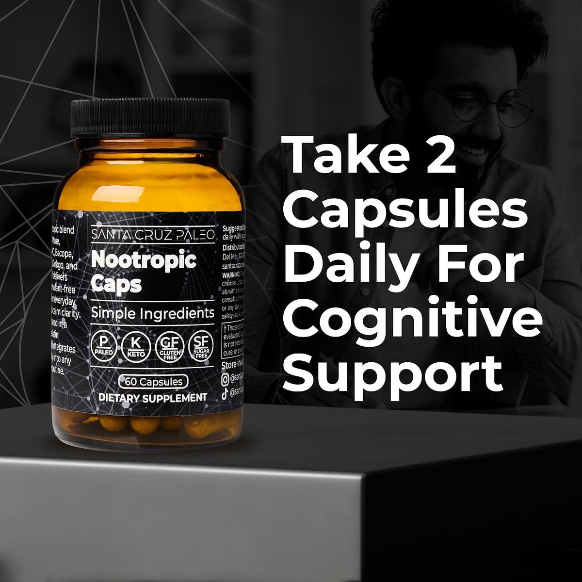 Santa Cruz Paleo Nootropic Capsules – Lions Mane, Alpha GPC, Panax Ginseng & Ginkgo Biloba for Focus, Memory, Mental Clarity & Energy – Keto, Paleo, Gluten Free Brain Supplement, 60 Caps