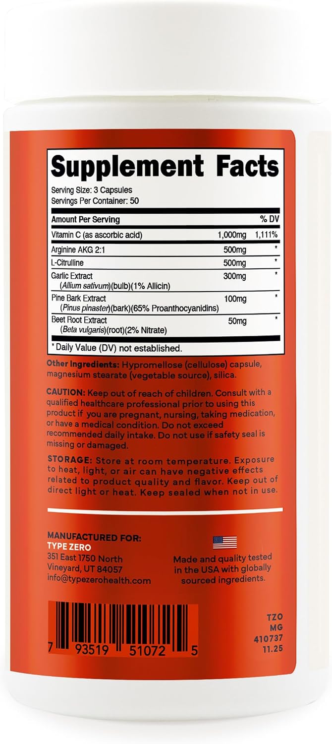 Type Zero Nitric Oxide 6X Booster, 150 Veggie Capsules, Natural Supplement | Beetroot, Arginine AKG, Citrulline, Pine Bark, Garlic & Vitamin C, Nitrous Oxide