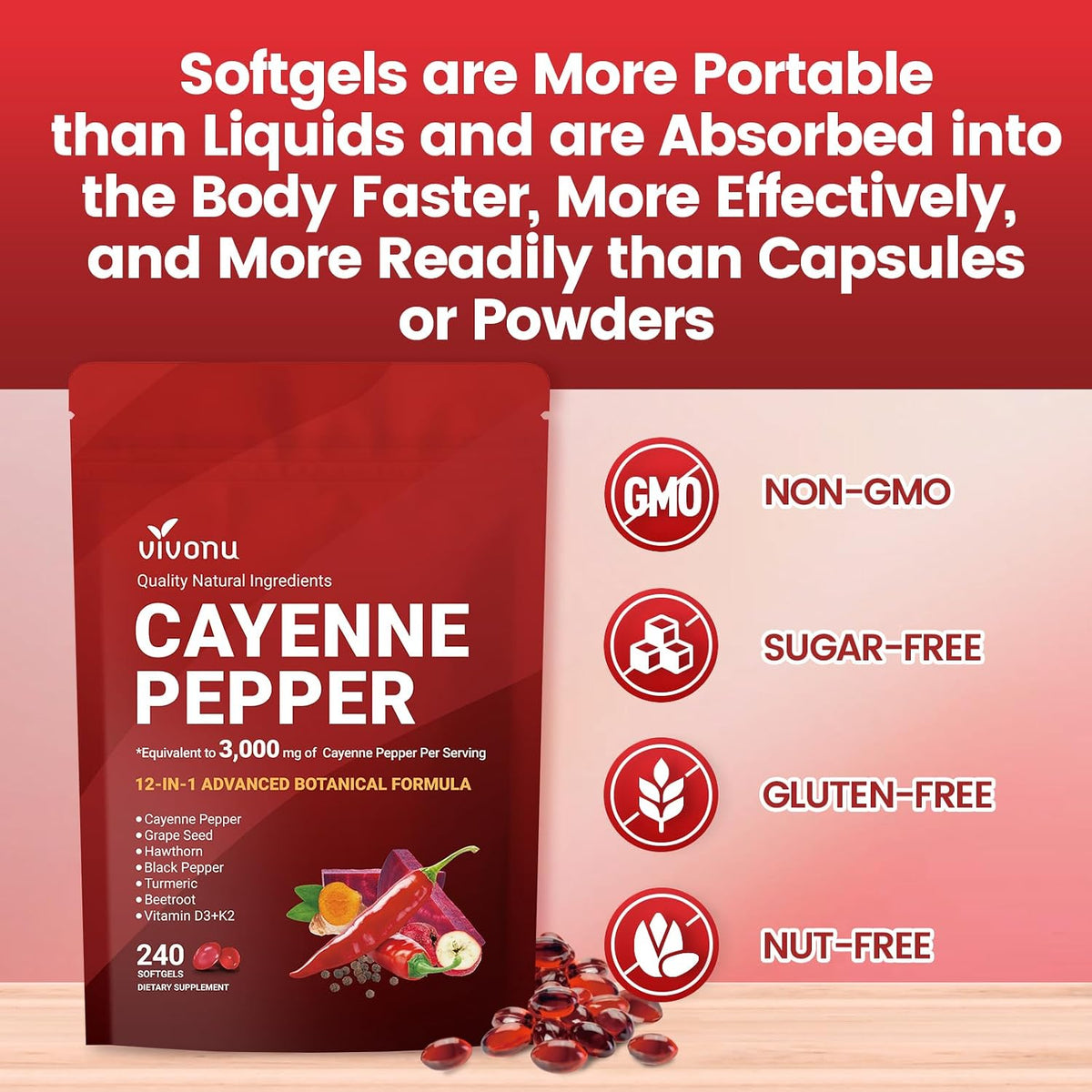 Cayenne Pepper Softgels Supplement, Supports Leg Vein, Heart and Blood Vessel Health, with Vitamin E D3+K2 and Extracts of Grape Seed, Hawthorn, Beetroot, Berberine and Others (Softgels / 2 Bag)
