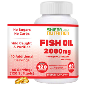 Suplement ​Halal Omega 3 Fish Oil 2000mg - 60 Servings, 120 Softgels. Wild Caught, Purified, Keto Friendly, Non-GMO & Gluten-Free. Brain, Heart & Cardiovascular Support. - VelvetGlow USA