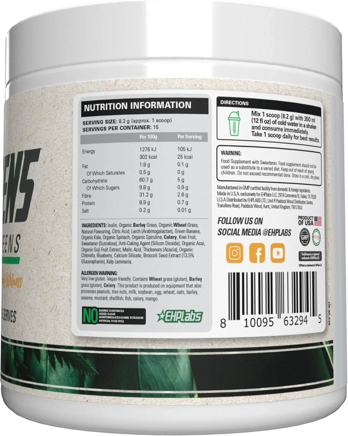 EHP Labs OxyGreens Super Greens Powder with Spirulina & Chlorella, Prebiotic Fiber, Probiotics & Digestive Enzymes – Antioxidant Green Superfood Supplement - 15 Serves (Pineapple)