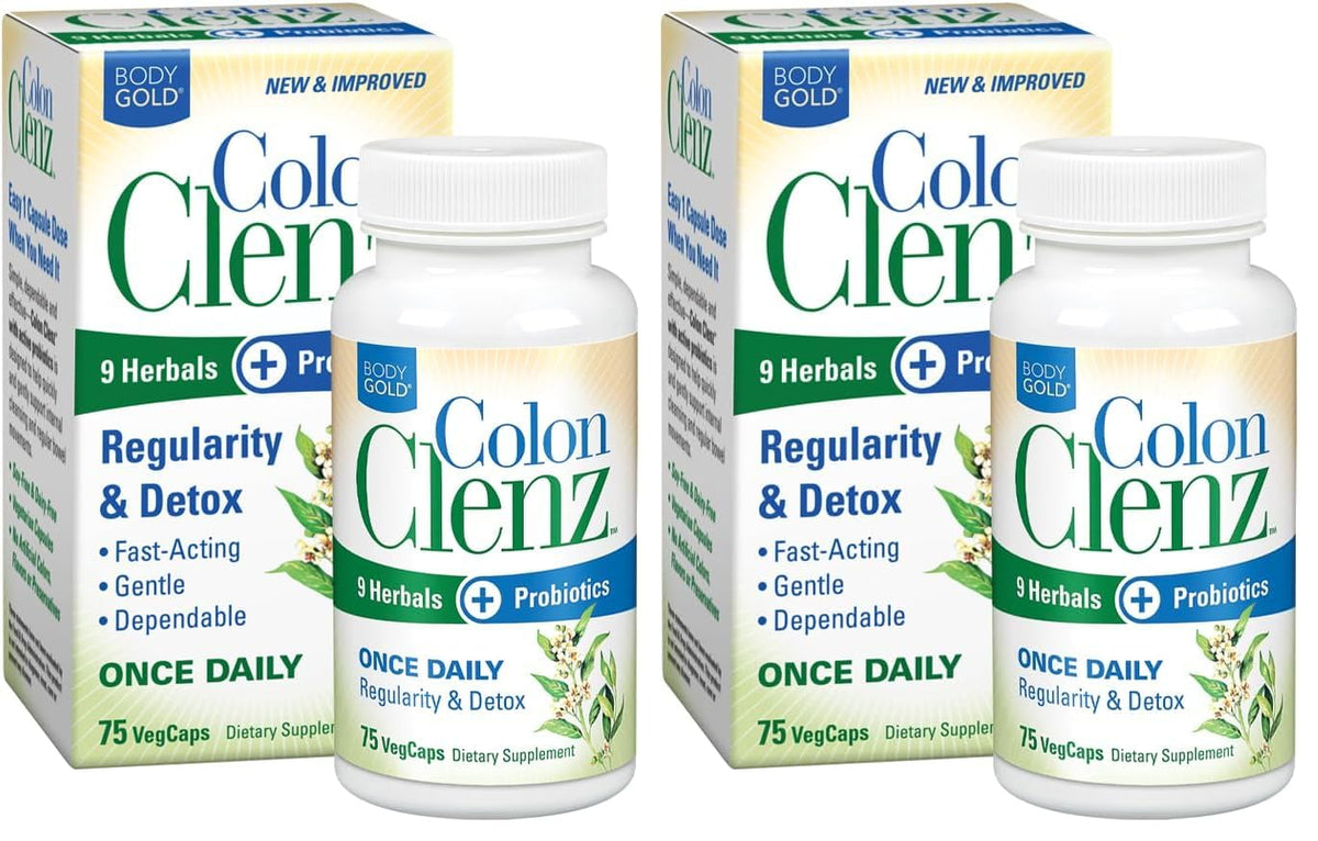 Body Gold Colon Clenz & Detox Overnight Formula | Once Daily with 9 Herbs + Active Probiotics | Constipation Relief for Adults | Bloating Relief for Women & Men | 75 Capsules