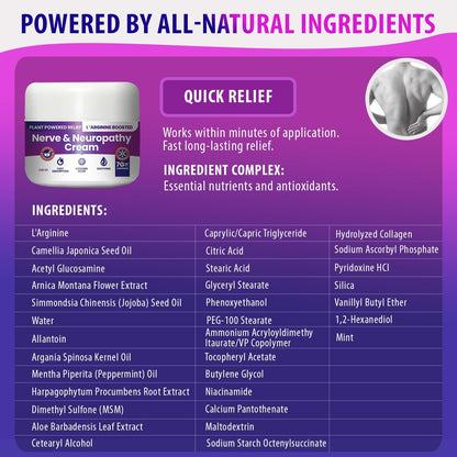 Nerve and Neuropathy Cream – Plant Powered Relief for Foot, Hands, Legs, Toes Includes 7grams of L’Arginine; Vitamin B6, Arnica, Aloe -2.82oz