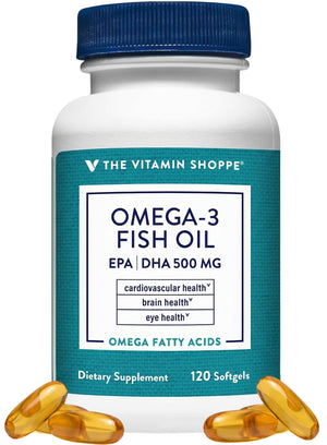 Suplement ​The Vitamin Shoppe Brand Omega 3 Fish Oil 1000mg with EPA DHA 500mg, Cardiovascular, Brain & Eye Health Support for Men and Women, Sourced from Anchovy, VelvetGlow USA