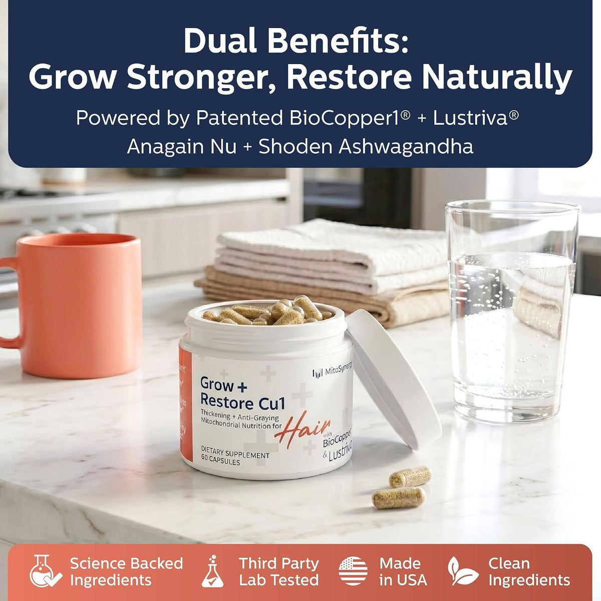 Grow + Restore Hair Growth Supplement for Men & Women | Anti-Gray Pigment Restore with Lustriva, Anagain Nu, BioCopper1 | DHT Blocker Hair Regrowth Treatment, Saw Palmetto, 60 Count