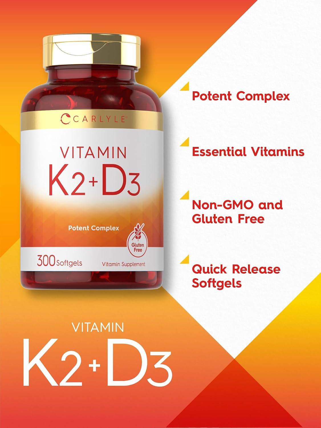 Carlyle Vitamin K2 D3 Supplement | 300 Softgels | 200mcg K2 MK7 & 10,000 IU D3 | Non-GMO, Gluten Free