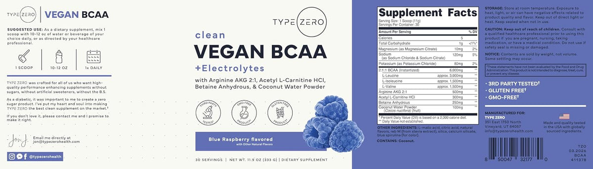 Type Zero Ultra Clean Vegan BCAA Powder + Electrolytes (Blue Raspberry) | 6g Per Serving, 2:1:1 Sugar-Free, No Sucralose, BCAAs Amino Acids Supplement, After Workout Drink, 30 Servings
