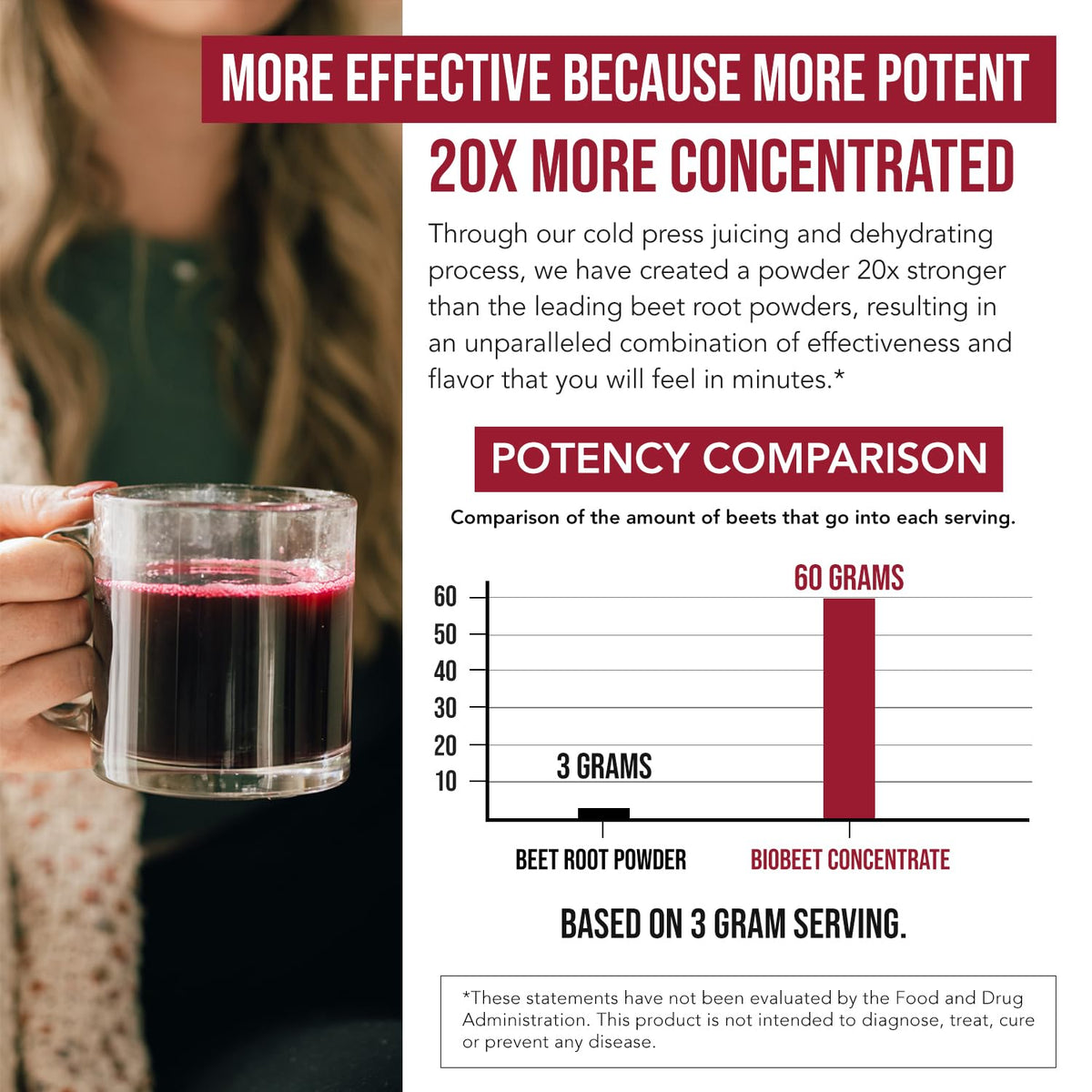 BioBeet® Max Strength Beet Root Juice Powder – 20:1 Concentrate, Each Serving Derived from 60,000 mg Organic Beetroot - Cold-Pressed, USA Grown – Nitric Oxide, Circulation Support – 50 Servings