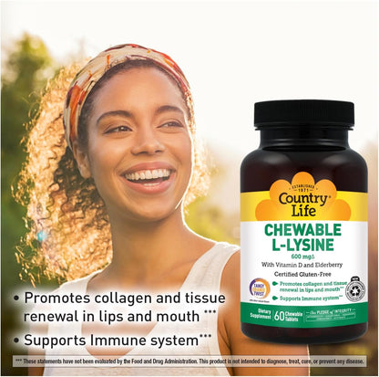 Country Life Chewable L-Lysine 600 mg with Vitamin D, 60 Tablets