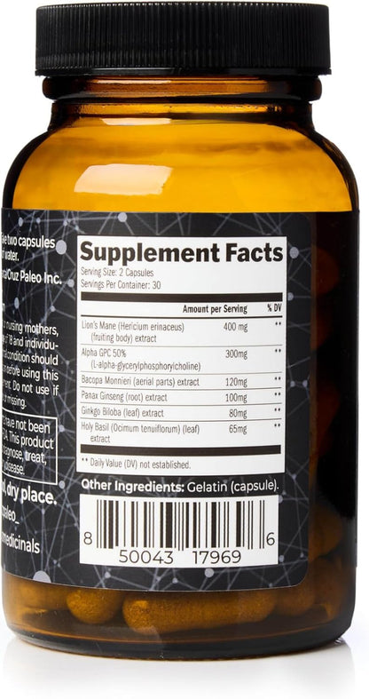 Santa Cruz Paleo Nootropic Capsules – Lions Mane, Alpha GPC, Panax Ginseng & Ginkgo Biloba for Focus, Memory, Mental Clarity & Energy – Keto, Paleo, Gluten Free Brain Supplement, 60 Caps