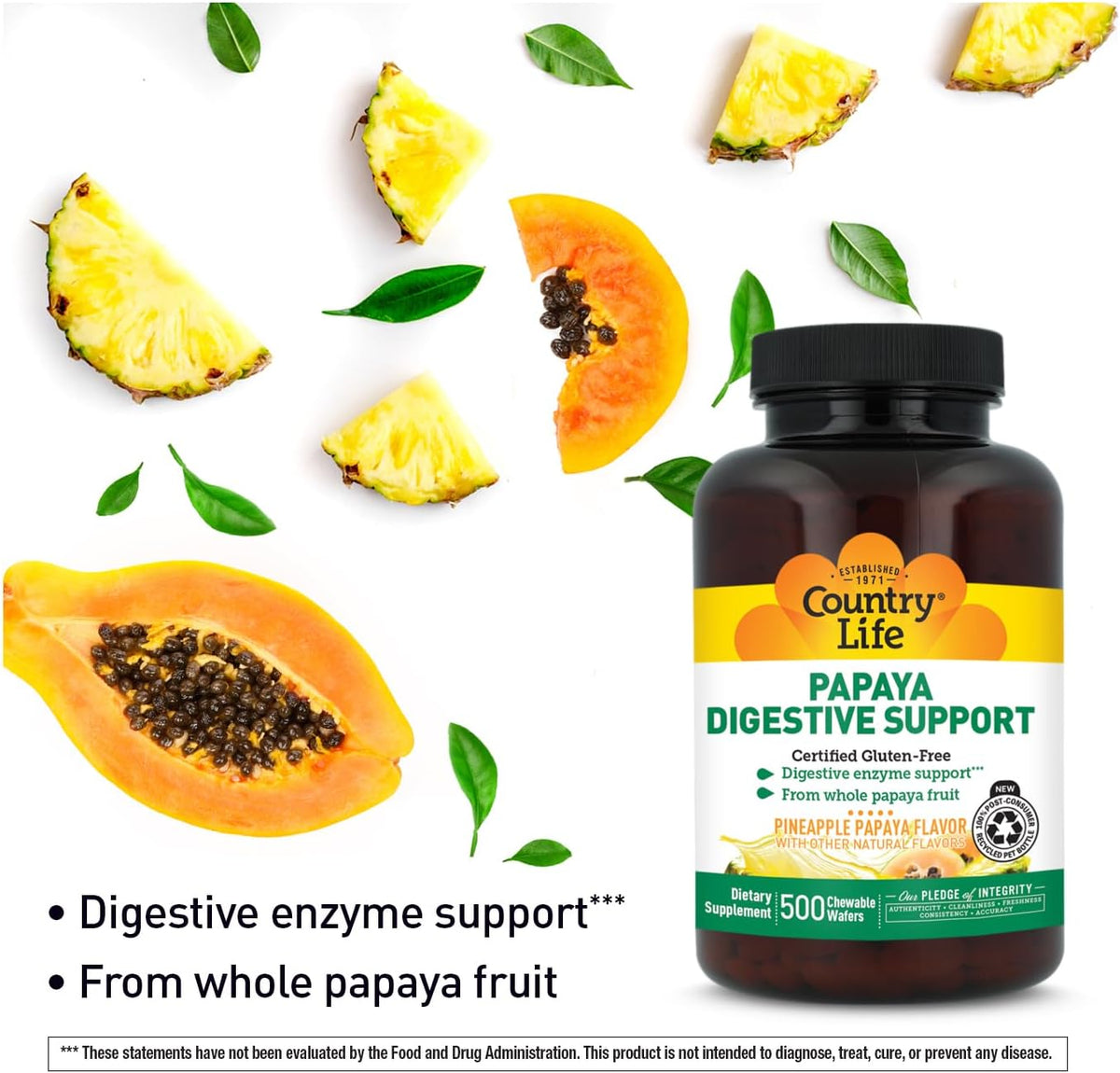 Country Life Papaya Digestive Support with Papain & Protease, 500 Wafers