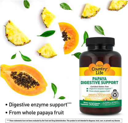 Country Life Papaya Digestive Support with Papain & Protease, 500 Wafers