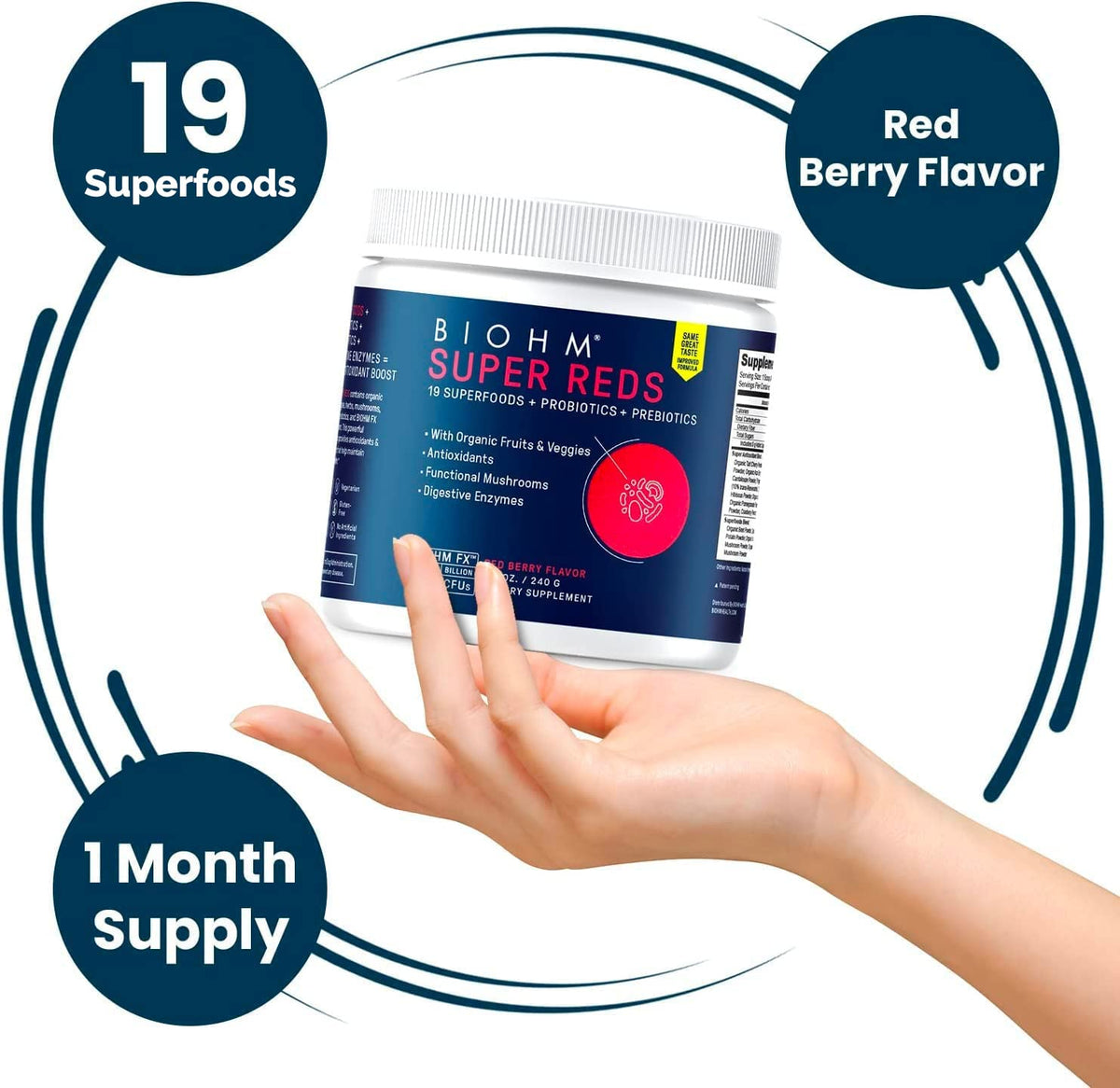 BIOHM Super Greens, Green Superfood Powder (8.5 Oz, 30 Servings) Antioxidant Veggie Powder & Smoothie Mix, 34 Superfoods & Spirulina, Digestive Enzymes, Prebiotics and Probiotics, Mixed Berry Flavor