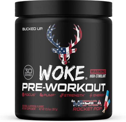 Bucked Up - Woke - HIGH STIM Pre Workout - Best Tasting - Focus Nootropic, Pump, Strength and Growth, 30 Servings (Rocket Pop)