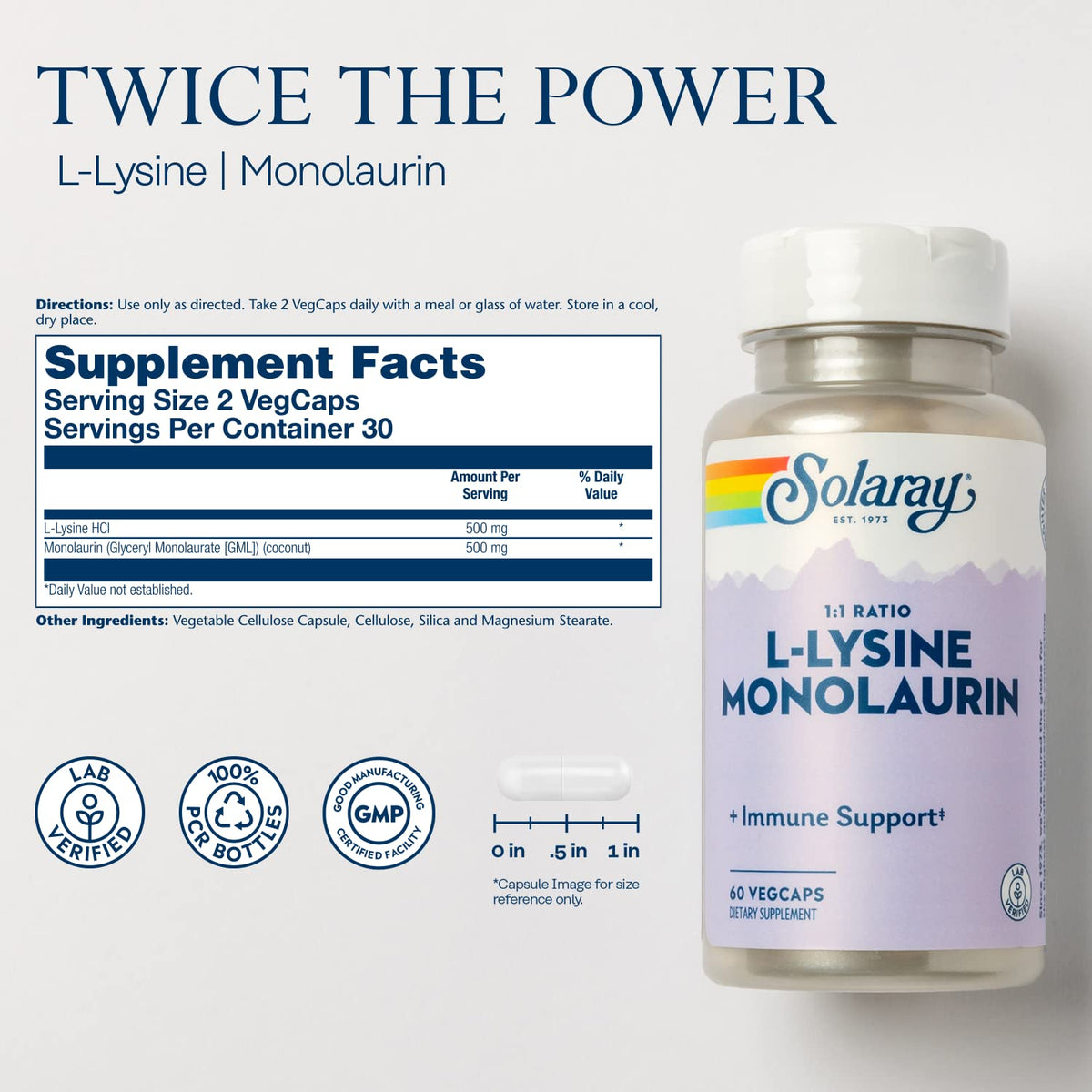 SOLARAY L-Lysine Monolaurin Immune Support Supplement, 1:1 Ratio for Immune System Function, 500 mg Each, 30 Servings, 60 VegCaps