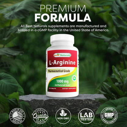 (New Improved Formula) Best Naturals L-Arginine 1000 mg 120 Tablets - Grade L Arginine Supplement