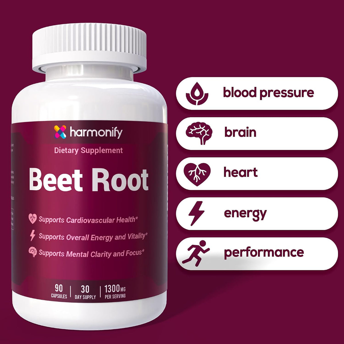 Beet Root Capsules, Pure Beetroot Powder 1300 mg, Circulation Support Supplement, Vegan, Non-GMO, Gluten-Free – 90 Vegetable Capsules