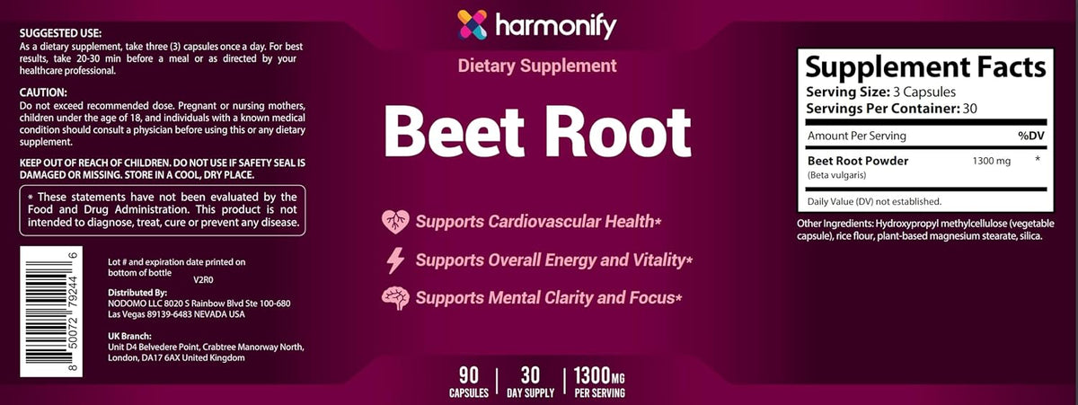 Beet Root Capsules, Pure Beetroot Powder 1300 mg, Circulation Support Supplement, Vegan, Non-GMO, Gluten-Free – 90 Vegetable Capsules
