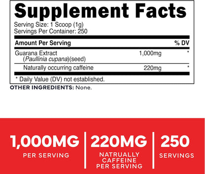 Type Zero Clean Guarana Powder Drink Mix (Unflavored) 250 Servings | 220mg Caffeine Per Serving, Natural Caffeine, Gluten-Free, GMO-Free