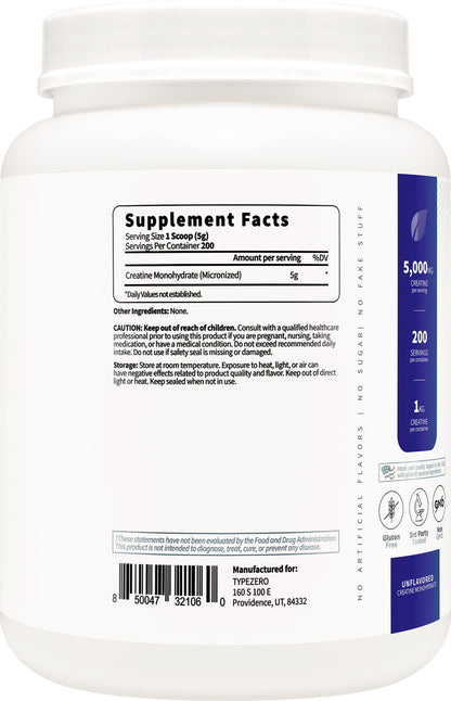 Type Zero Creatine Monohydrate Powder (Unflavored) 500 Grams, Micronized | 5000mg Per Serving, Zero Sugar, Keto Friendly & Gluten-Free, 100 Servings