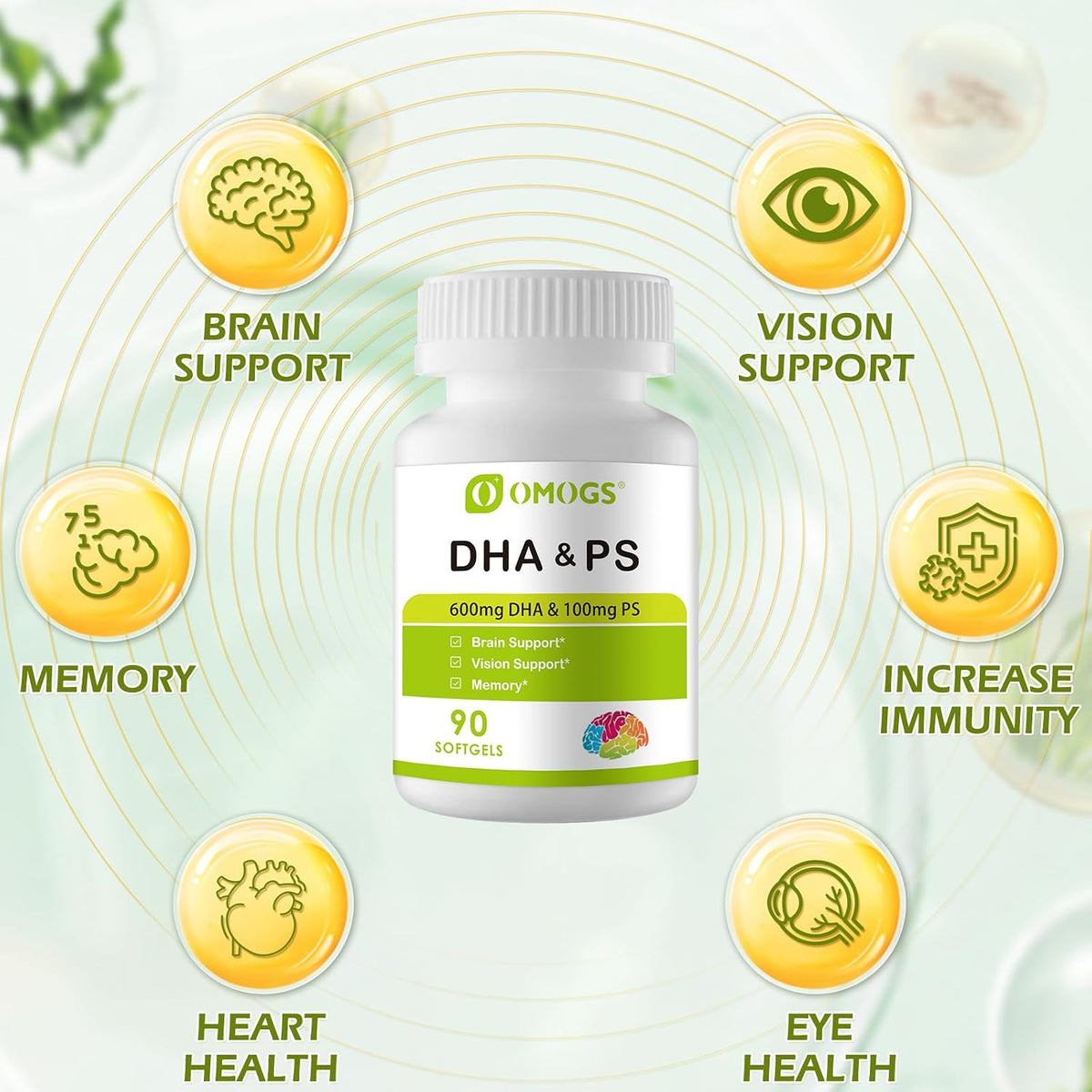 OMOGS Algae DHA - 600 mg Omega-3 DHA Softgels, with Phosphatidylserine & Walnut Oil, Supports Healthy Brain Function, Vision, Eye & Memory, Gluten Free, Non-GMO, 90 Softgels