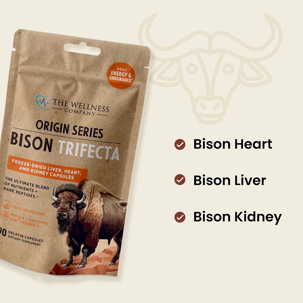 Bison Trifecta, 100% Grass-Fed Freeze-Dried Organs for Skin & Energy, 90ct