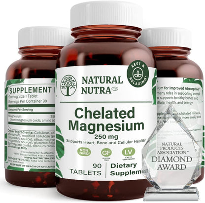 Natural Nutra Chelated Magnesium Oxide 250mg- High Absorption for Strong Bones, Heart Health, Improves Dental Health, Energy Boost, Gluten-Free, Non-GMO, 90Tablets in BPA-Free Recyclable Glass Bottles