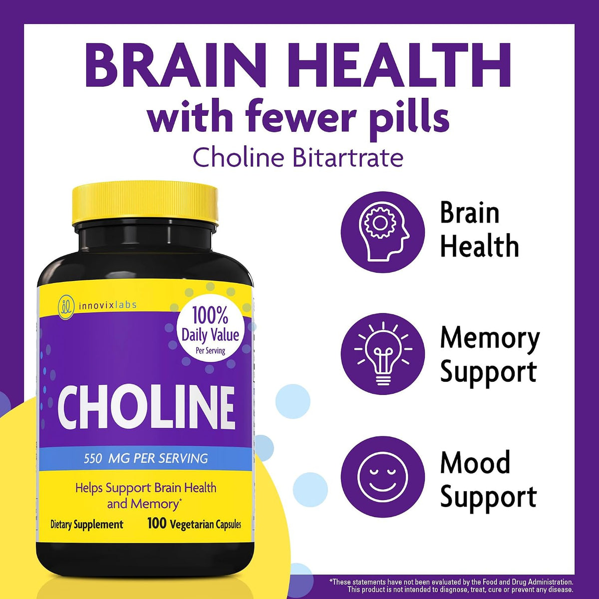 InnovixLabs Choline & Multi Probiotic Bundle Choline Bitartrate 550mg (100 Capsules) Multi Strain Probiotics (60 Capsules). Supports Memory, Mood, Brain Health & Boost Cognitive.*