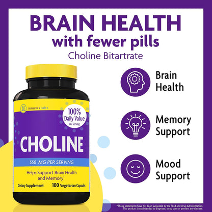 InnovixLabs Choline & Vitamin K2 Bundle Choline Bitartrate 550mg (100 Capsules) Full Spectrum Vitamin K2 (90 Softgels). Supports Memory, Mood, Brain Health & Boost Cognitive.*