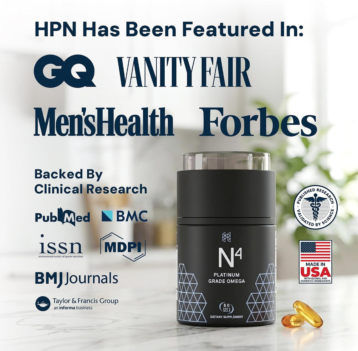 HPN N(4) 3,000 mg DHA/EPA Omega-3 for Joint & Brain, 60 Softgels | Icelandic omega-3 fish oil with 3,000 mg DHA/EPA supports muscle, joint and brain health; 60 softgels.