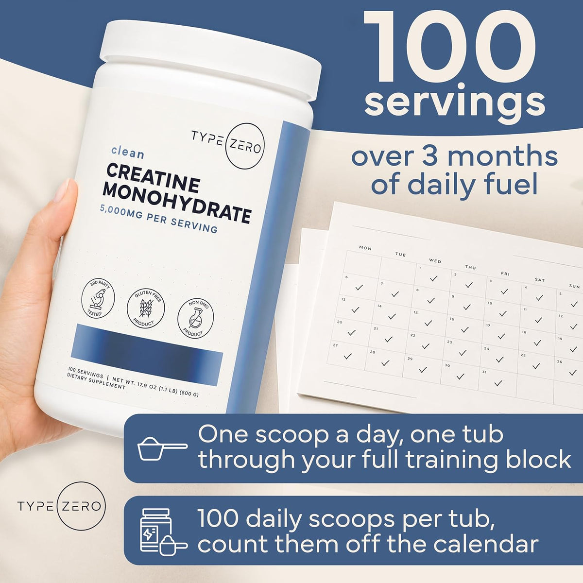 Type Zero Creatine Monohydrate Powder (Unflavored) 500 Grams, Micronized | 5000mg Per Serving, Zero Sugar, Keto Friendly & Gluten-Free, 100 Servings