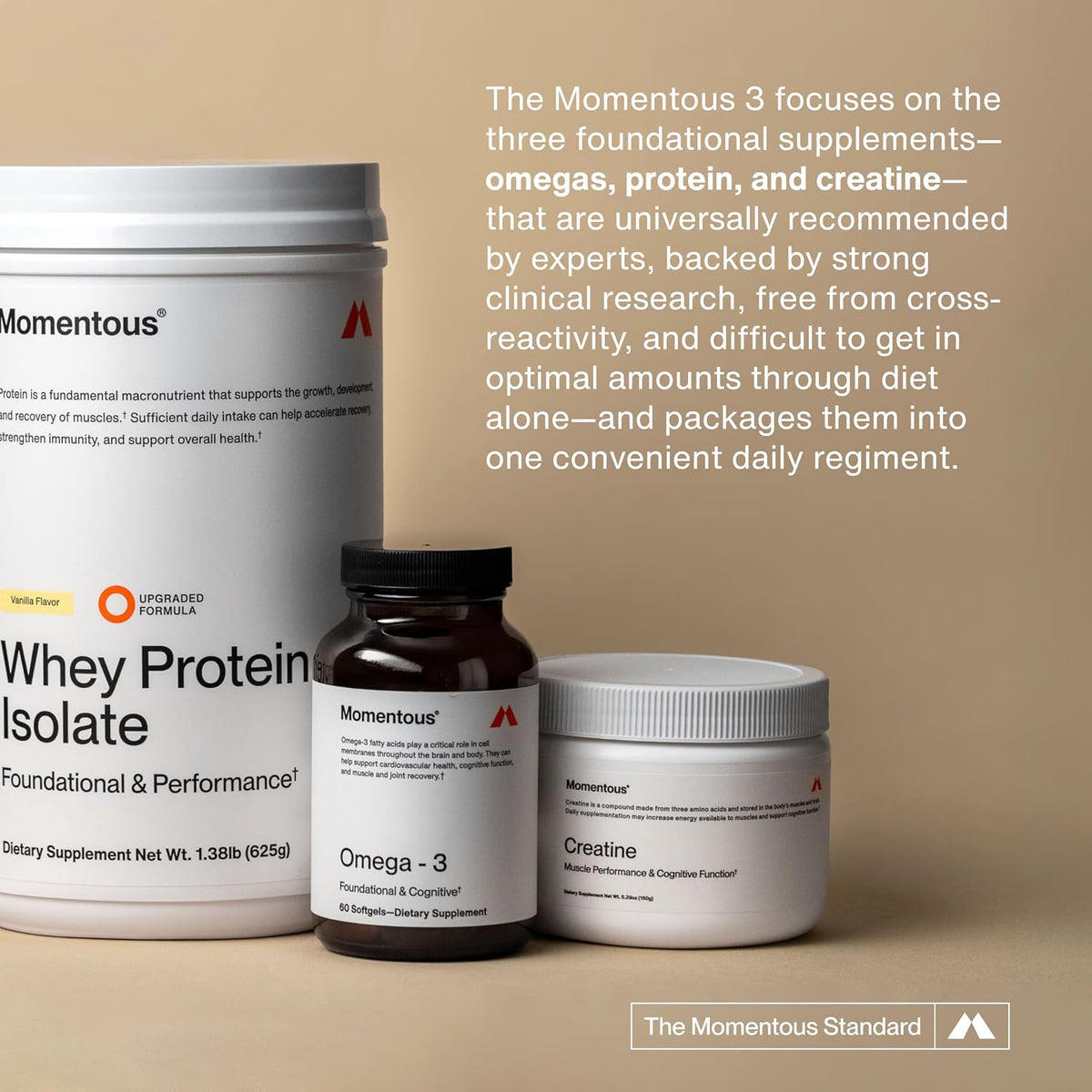 Momentous Three - Creatine Monohydrate Powder (90 Servings), Grass-Fed Whey Protein Powder (Unflavored) & Omega-3 Fish Oil 1600mg - Daily Essentials for Strength, Performance & Lean Muscle Recovery