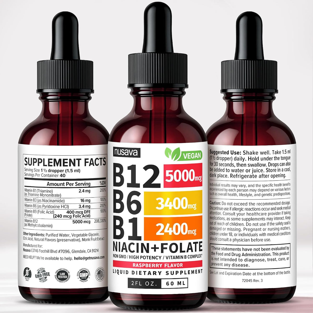 NUSAVA Vitamin B12 Liquid Drops and Unflavored D3 K2 Bundle — Daily Wellness Liquid Vitamins for Energy & Immune Support — Non-GMO, Gluten-Free, 2pk Each