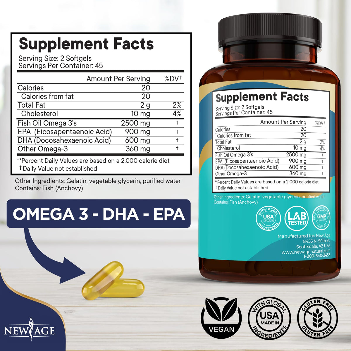 Suplement ​NEW AGE Omega 3 Fish Oil 2500mg Supplement Non GMO - EPA, DHA Fatty Acids Gluten Free (180 Softgels (Pack of 2)) - VelvetGlow USA